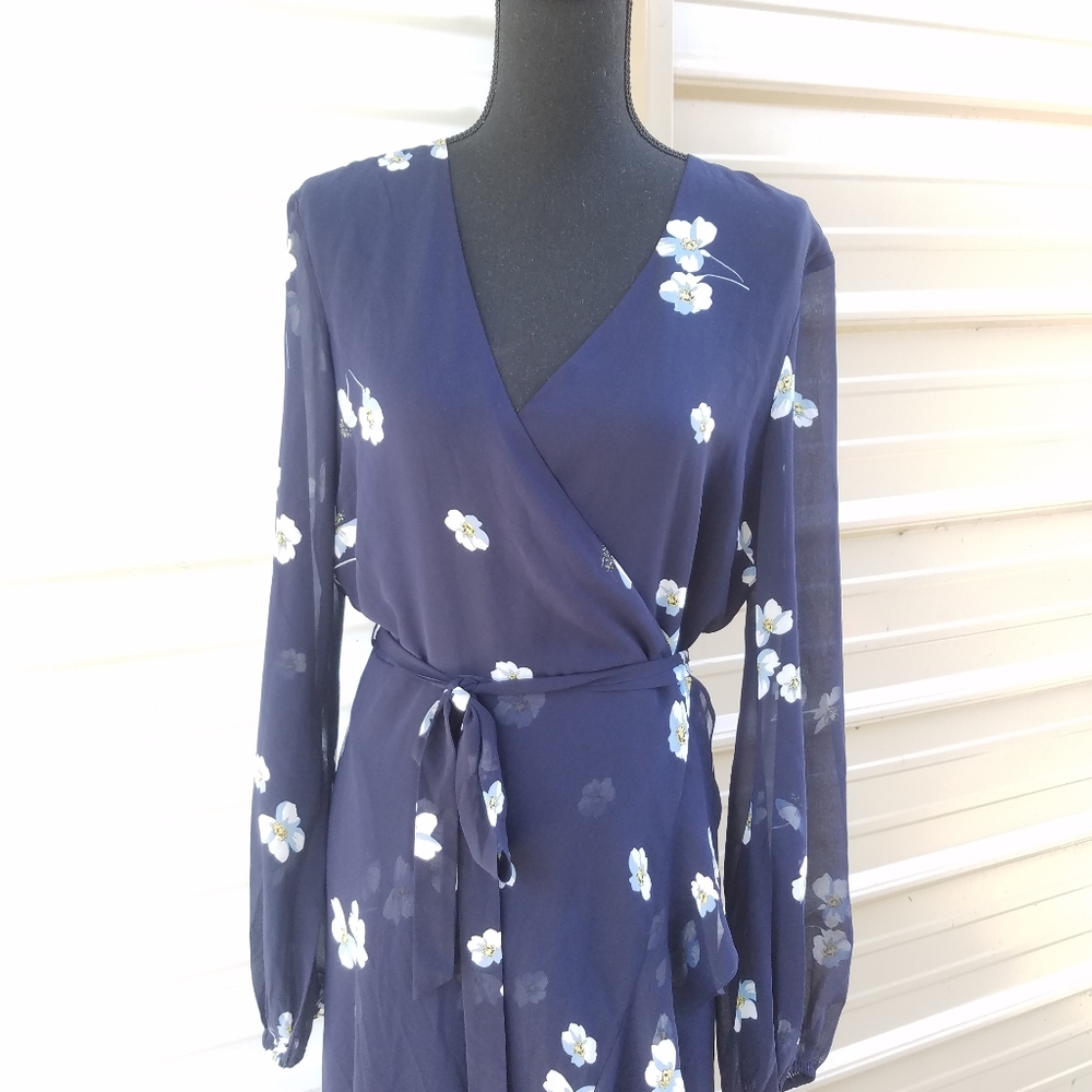 Bardot Poppy Floral Faux Wrap Chiffon Midi Dress, Navy Blue Sz 10 EUC - Picture 3 of 8